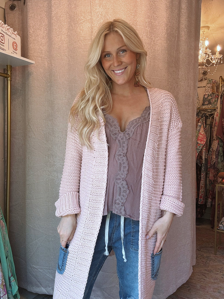 From The Heart - Blush Cable Knit Sweater w/ Mid Denim - M/L