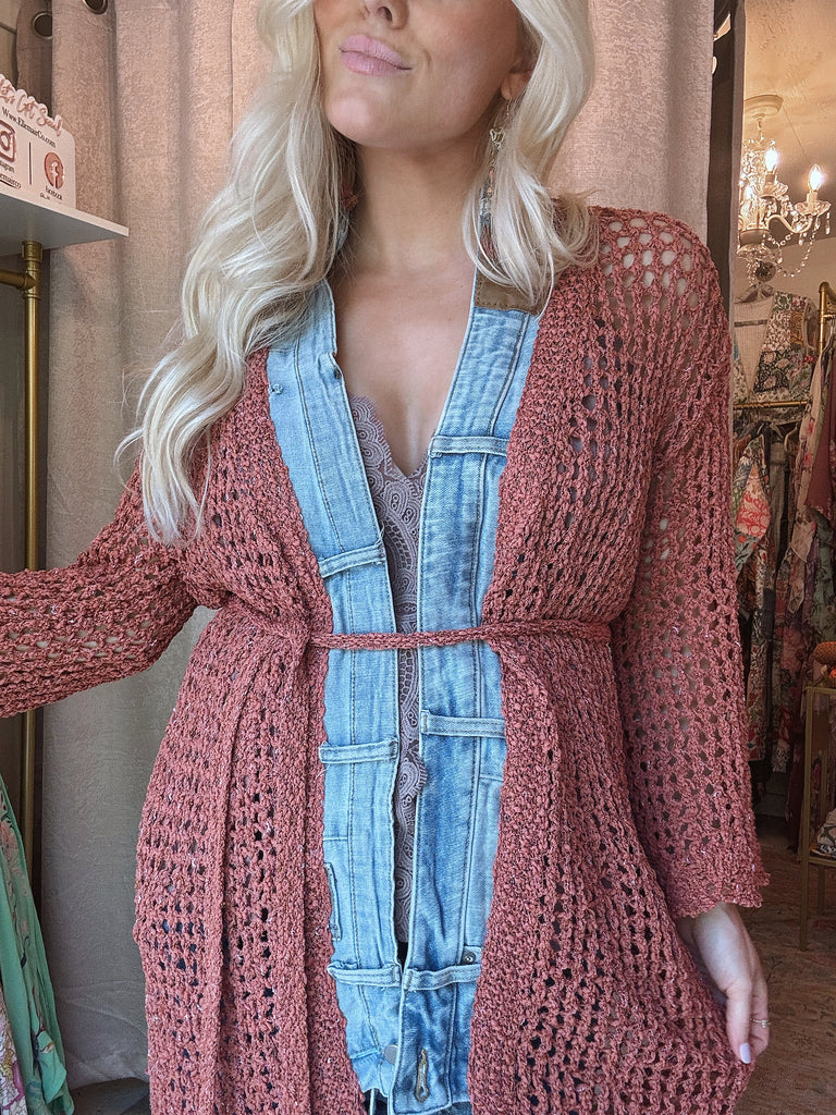 Loose Knit Cardigan w/ Light Denim Extended Collar - RUST - S/M