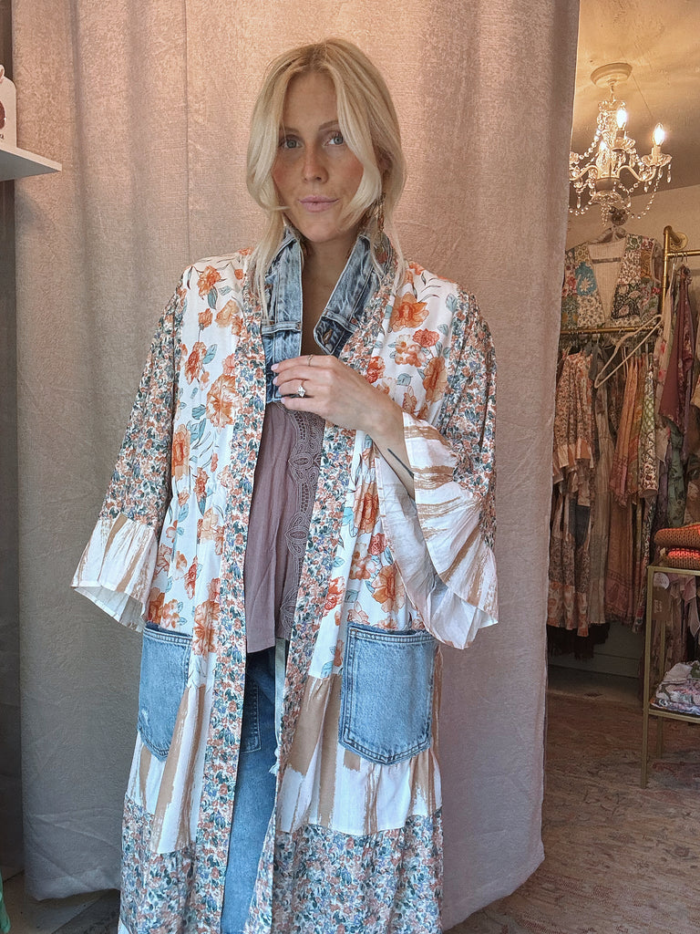 The Romantics Denim Patchwork Duster - Peaches / Lighter Blue Denim